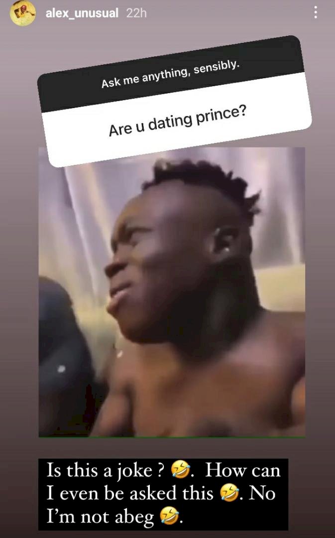 Alex Unusual reacts to rumor of dating fellow ex-housemate, Prince Nelson