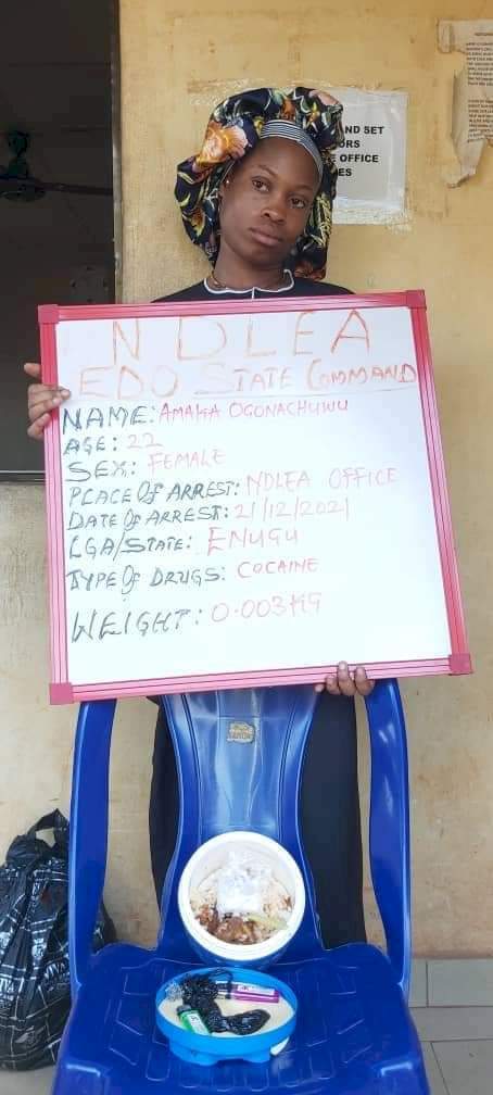 NDLEA arrests young lady attempting to smuggle Cocaine concealed in cooked food for boyfriend in Agency's custody (photo)