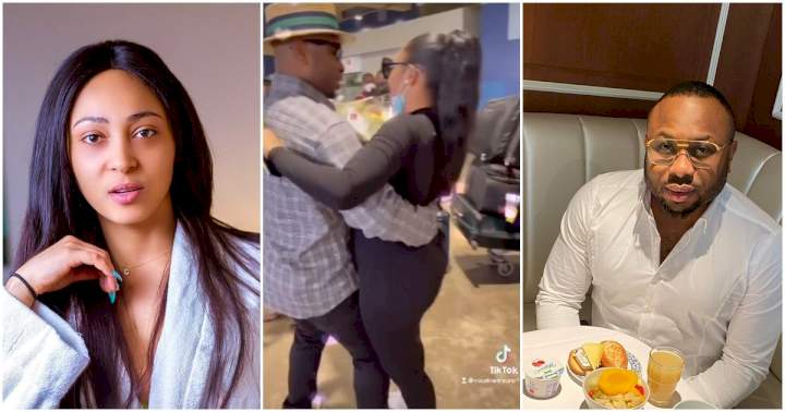 Moment Churchill welcomes his wife, Rosy Meurer with a bouquet of flower as she returns to Nigeria with their son (Video)