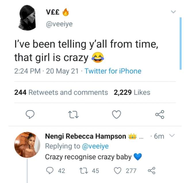 'I've been telling you from time to time, that girl is crazy' - Vee shades Nengi, Nengi reacts