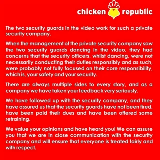 'The two security guards were not sacked, but sent out for retraining' - Chicken Republic claims