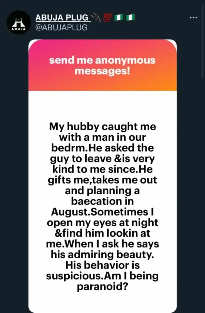 Woman cries out as husband becomes super nice after catching her cheating