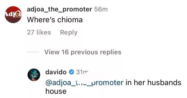 Singer, Davido replies fan who asked about his wife, Chioma's whereabouts amid alleged pregnant babymama saga