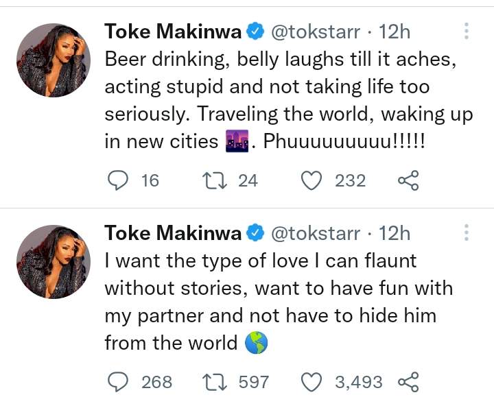 Toke Makinwa finally opens up on type of love she wants