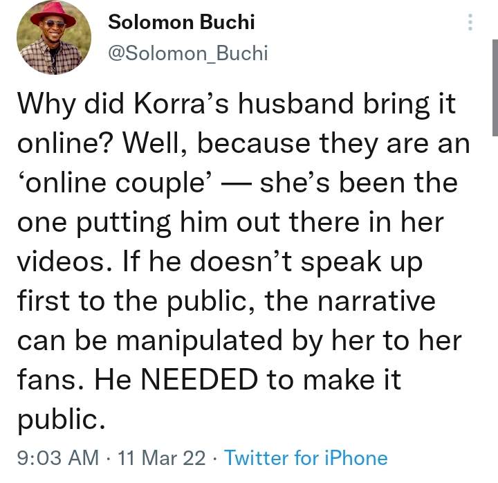 'I justify him bringing the issue on social media'- Solomon Buchi sides with Korra's husband, Justin Dean, amid couple's marriage crisis