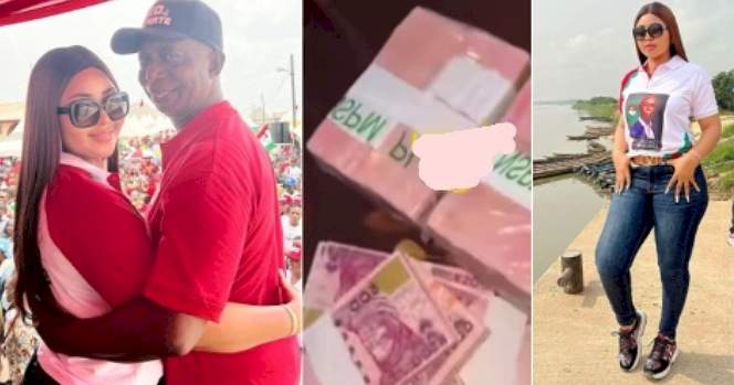 "I love it" - Regina Daniels excited as Ned Nwoko surprises her with bundles of new naira notes on movie set (Video)
