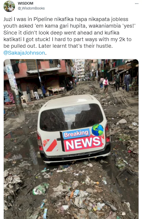 Man narrates how he paid jobless youths to pull out his car after they tricked him to drive into deep muddy section of a road