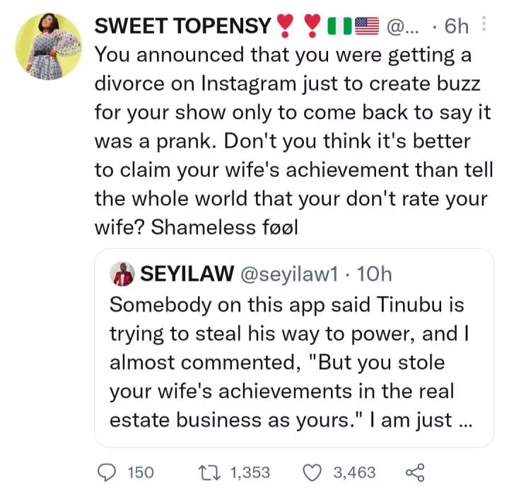'You announced that you were getting a divorce on Instagram just to create buzz for your show' - Twitter user drags comedian, Seyi Law