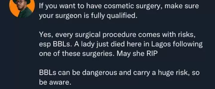 'BBLs can be dangerous; make sure your surgeon is fully qualified' - Aproko Doctor advices