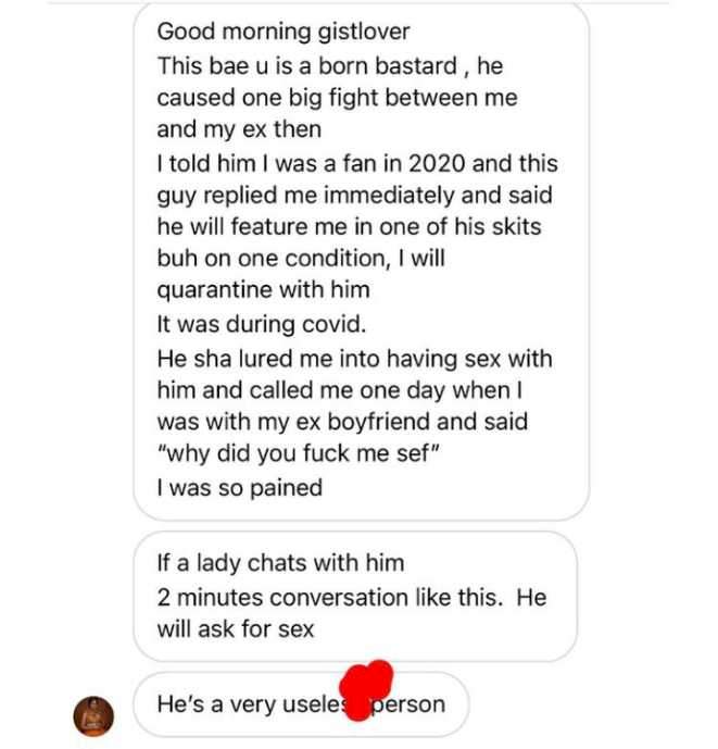 Lady narrates her experience with skit maker, Bae U