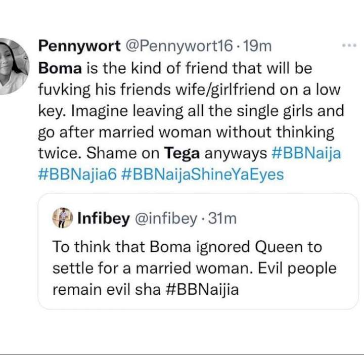 #BBNaija: Nigerians react to videos of Tega and Boma making out