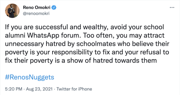 'If You Are Successful and Wealthy, Avoid Your School Alumni WhatsApp Forum' - Reno Omokri