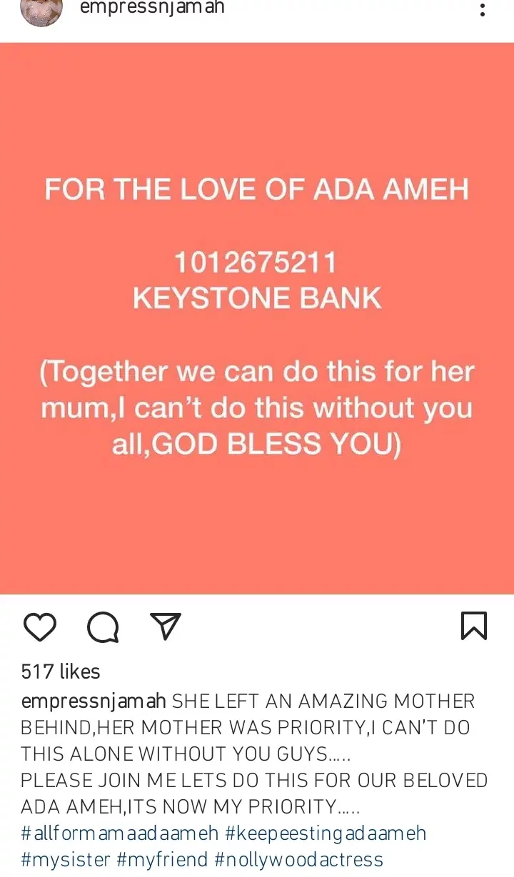 Empress Njamah pleads with Nigerians to raise support funds for late Ada Ameh's mother