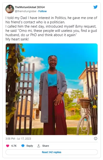 Nigerian lady disheartened, reveals what a politician told her after indicating interest in joining politics