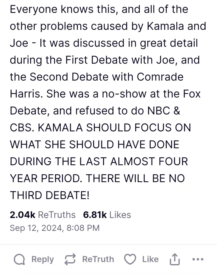 There will be no third debate with Kamala Harris - Trump declares after campaign releases memo touting gains in ?target states?