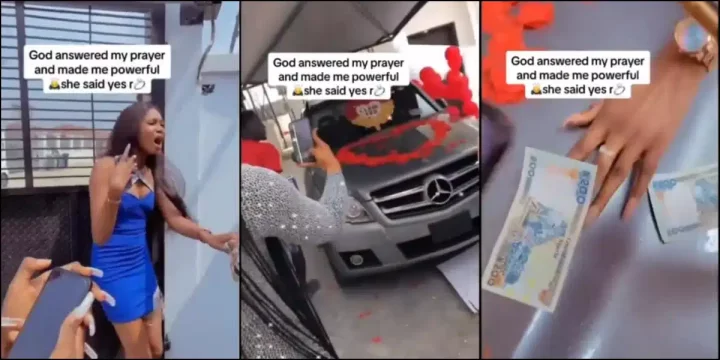 Lady jumps for joy as boyfriend proposes to her, surprises her with her dream Benz as engagement gift