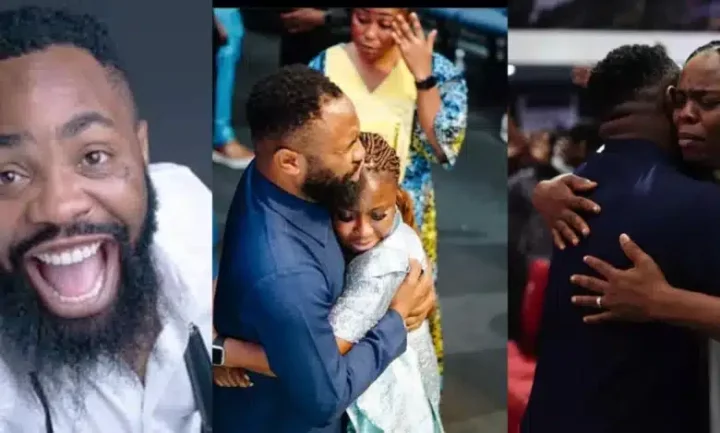 "From comedy pastor to real pastor, dey play" -Netizens drag Woli Arole for hugging women during deliverance session