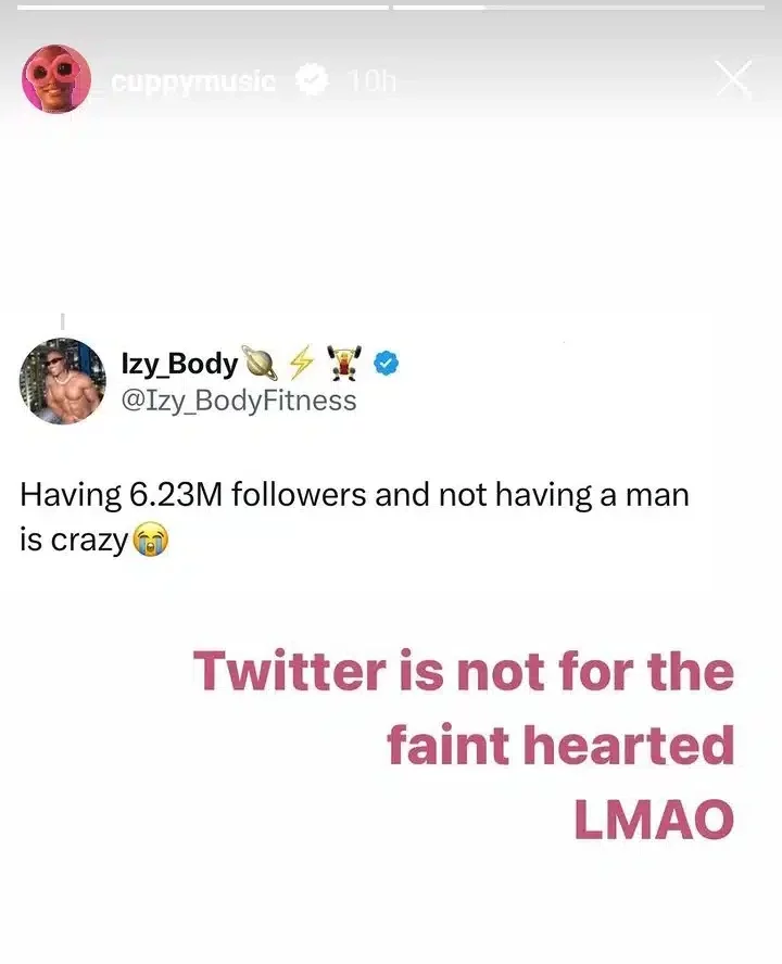 'E pain am' - Cuppy reacts as troll ridicules her for not having a man of her own despite fame
