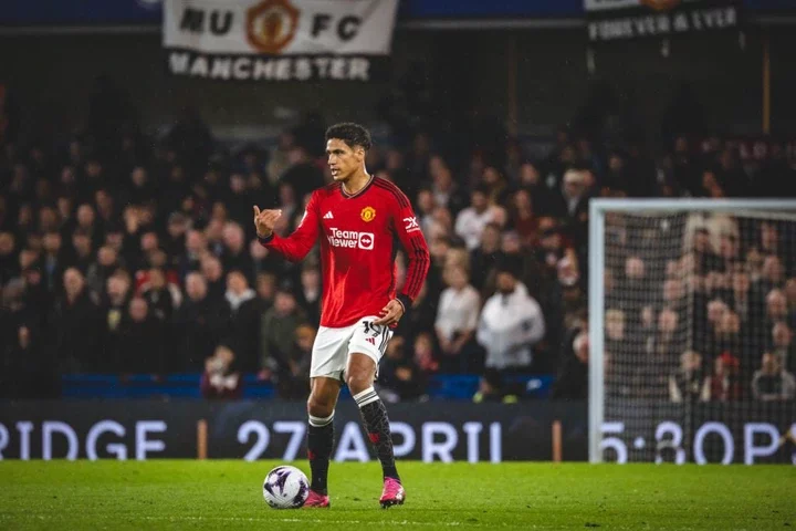 Raphael Varane of Manchester United in action during the Premier League match between Chelsea FC and Manchester United at Stamford Bridge on April ...