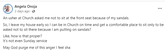 Lady blows hot after she was allegedly asked to leave front seat in church due to her sandals