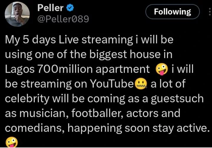 Peller begins 5-day YouTube livestream to break Guinness World Record