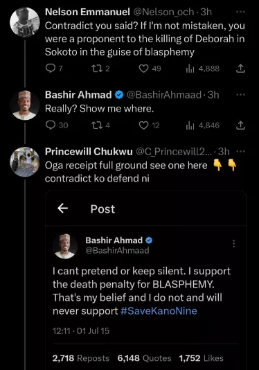 Nigerians dig up old tweet where Bashir Ahmad supported death penalty for blasphemy after he dared them to show him where he ever supported such