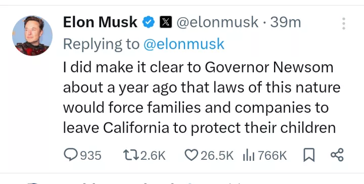 Elon musk moves his company HQ from California to Texas in response to new law banning schools from telling parents their child is tr@nsg3nder