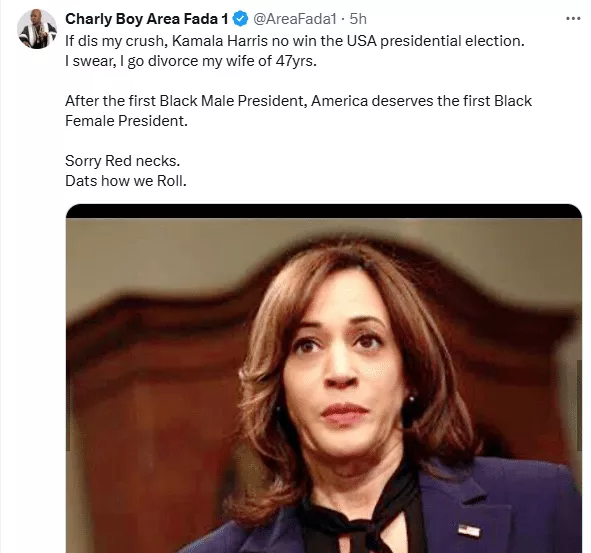 Charly Boy vows to divorce his wife if Kamala Harris fails to win US election