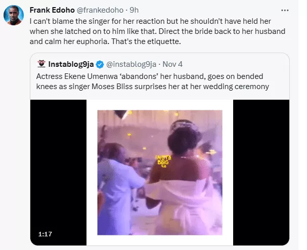 Frank Edoho faults Moses Bliss for holding Ekene Umenwa when she knelt before him at her wedding ceremoney