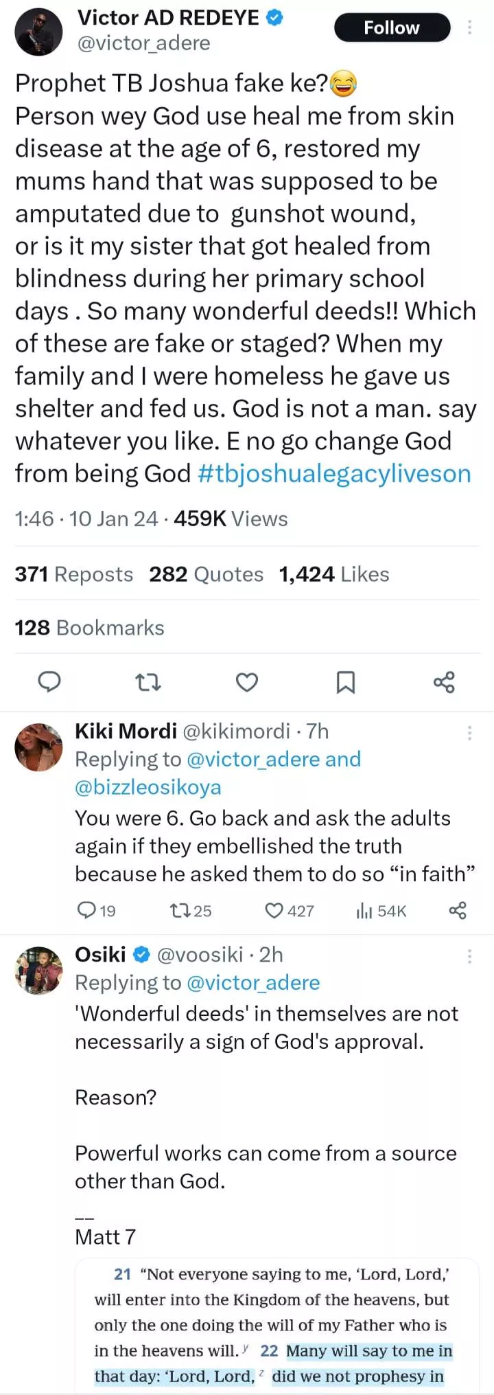 Victor Adere details miracles TB Joshua performed in his life after Seun Kuti said the late prophet never performed any real miracle