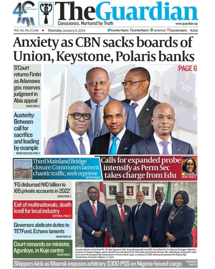 Nigerian Newspapers Daily Front Pages Review - Thursday 11th January, 2024