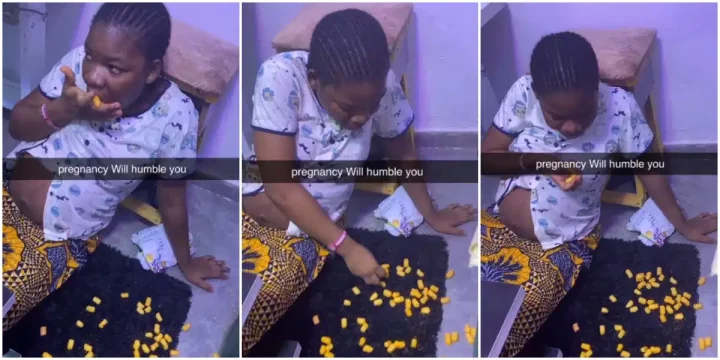 "Pregnancy will humble you" - Pregnant Nigerian woman causes buzz as she eats cheese balls from floor like baby