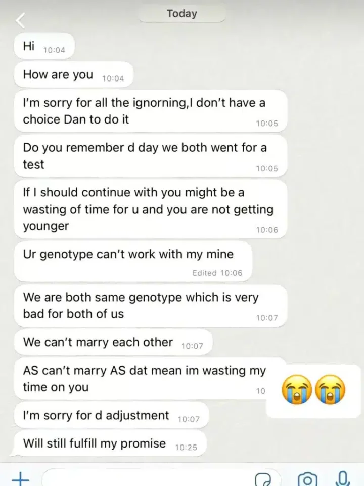 Lady weeps as genotype puts asunder in relationship with boyfriend