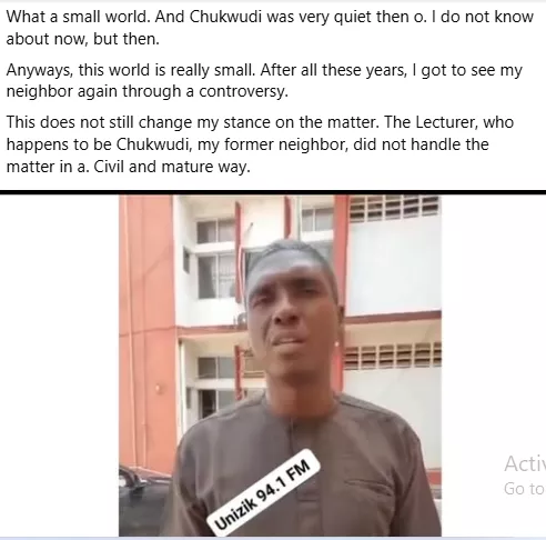 Lady who lived in same compound with UNIZIK lecturer shares his past