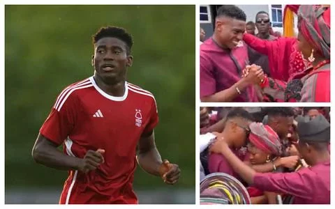 Super Eagles star Taiwo Awoniyi cries as he blesses his twin sister's traditional marriage