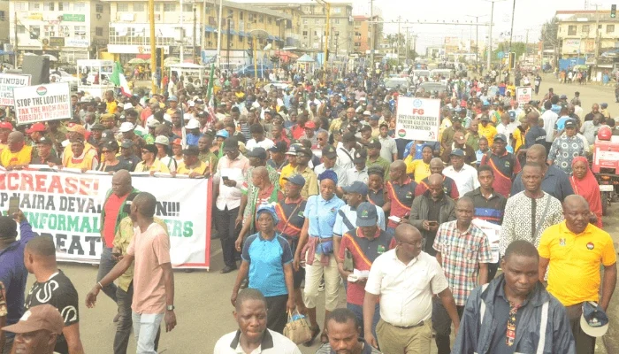 Members of Nigeria Labour Congress and Trade Union Congress on a Peaceful protest on subsidy removal: Fix local refineries and stop naira devaluation, in Lagos, yesterday