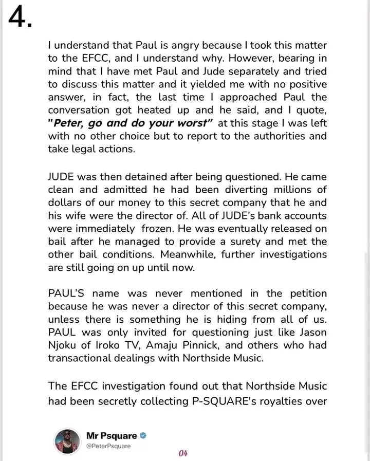 Peter Okoye strikes again with fresh open letter; counters Paul's EFCC arrest claims; exposes Jude, his wife