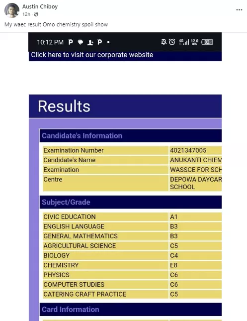 WAEC result of boy who wants to study medicine causes serious buzz online