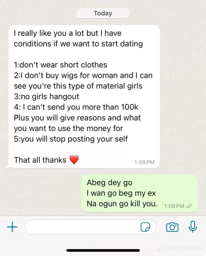 Lady shares rules her 'talking stage' partner gave her, leaked chat stirs buzz