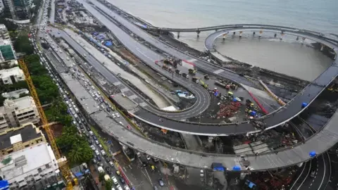 Getty Images Aerial view of Dharmveer Swarajya Rakshak Chhatrapati Sambhaji Maharaj Mumbai Coastal Road Project on July 11, 2024 in Mumbai, India.