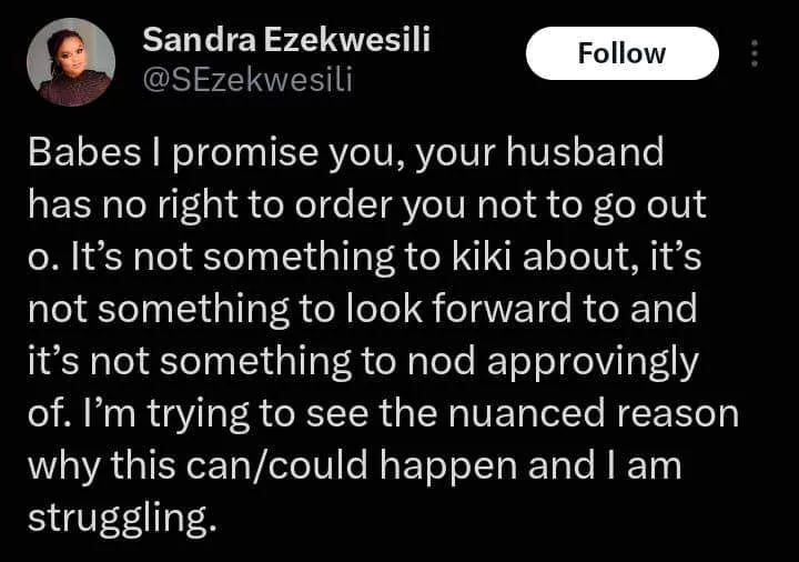 Sandra Ezekwesili enlightens women, asserts no man has right to forbid them from going out