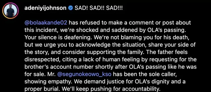 Adeniyi Johnson calls out Bola Akande over crew's demise during movie shoot