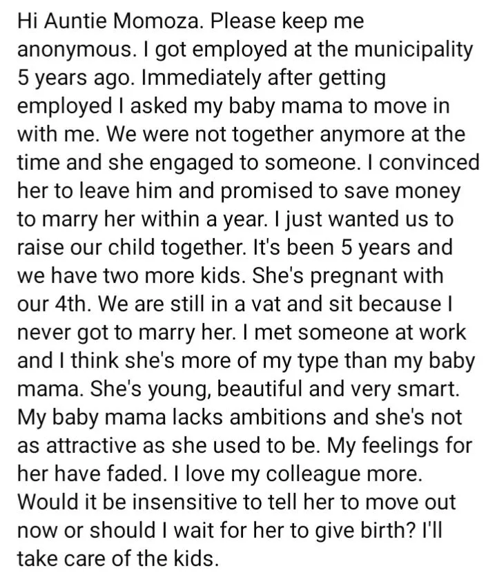 Man contemplates dumping baby mama of 4 after finding new love interest