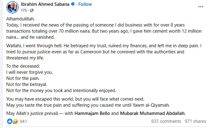 'May you know true pain' - Man speaks out after demise of man who disappeared with his N12M worth of cement