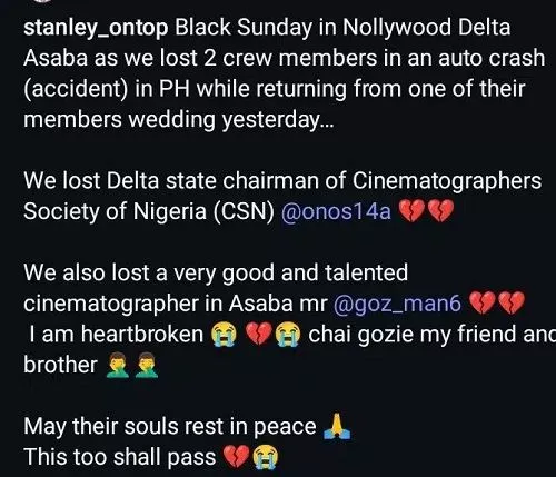 Nollywood Cinematographers Die In Tragic Accident