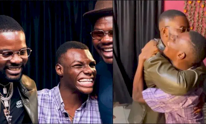 Emotional moment Falz and Mr Macaroni melt heart of differently-abled fan (Video)