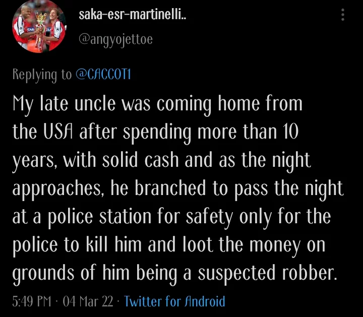 How police officers killed my uncle and looted his money at a police station - Twitter user shares sad story