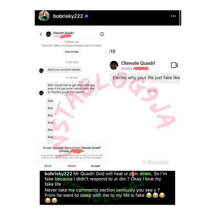 Bobrisky calls out man who insulted her for ignoring request to sleep with her (Screenshot)