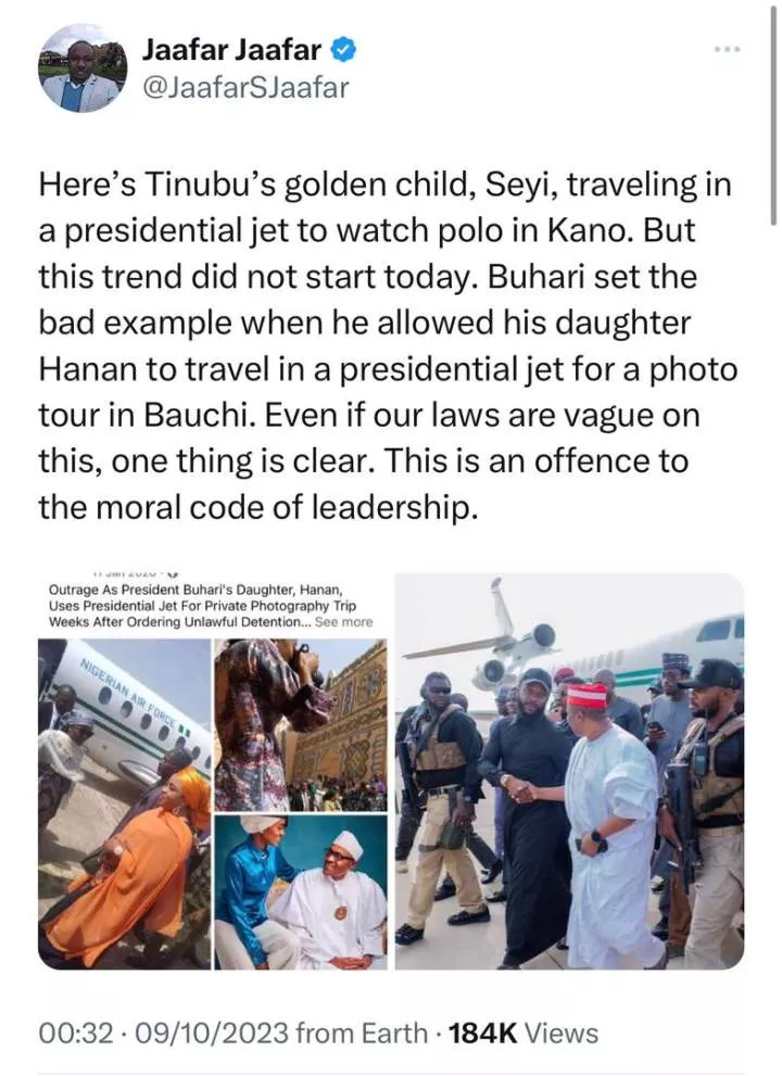 Journalist calls out Seyi Tinubu for traveling to Kano in a Presidential jet to watch Polo games