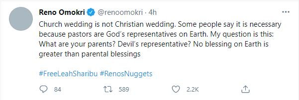 'Church wedding is not a Christian wedding' - Reno Omokri insists